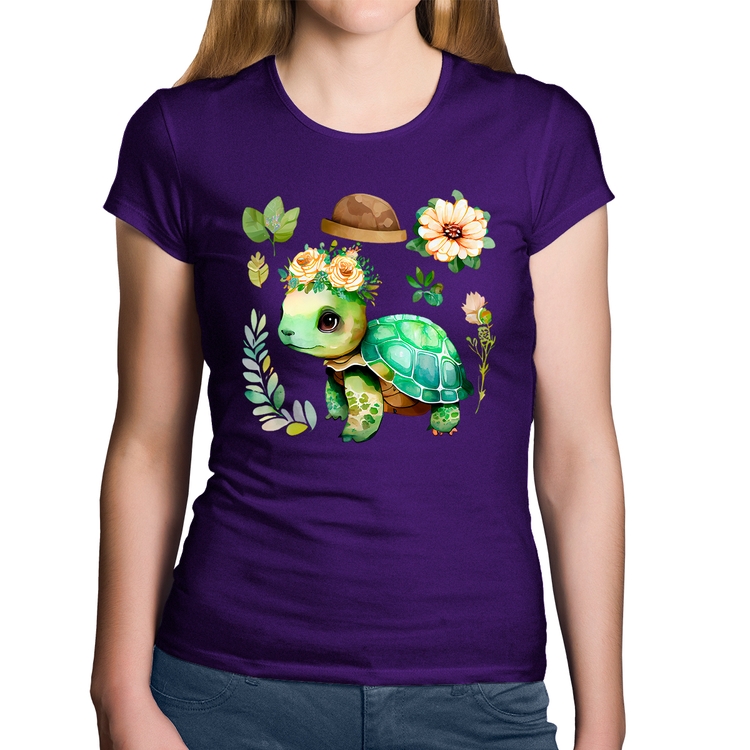 Baby Look Algodão Tartaruga, flores e chapéu - Roxa