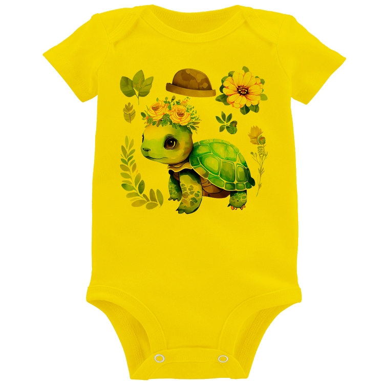 Body Bebê Tartaruga, flores e chapéu - Amarelo