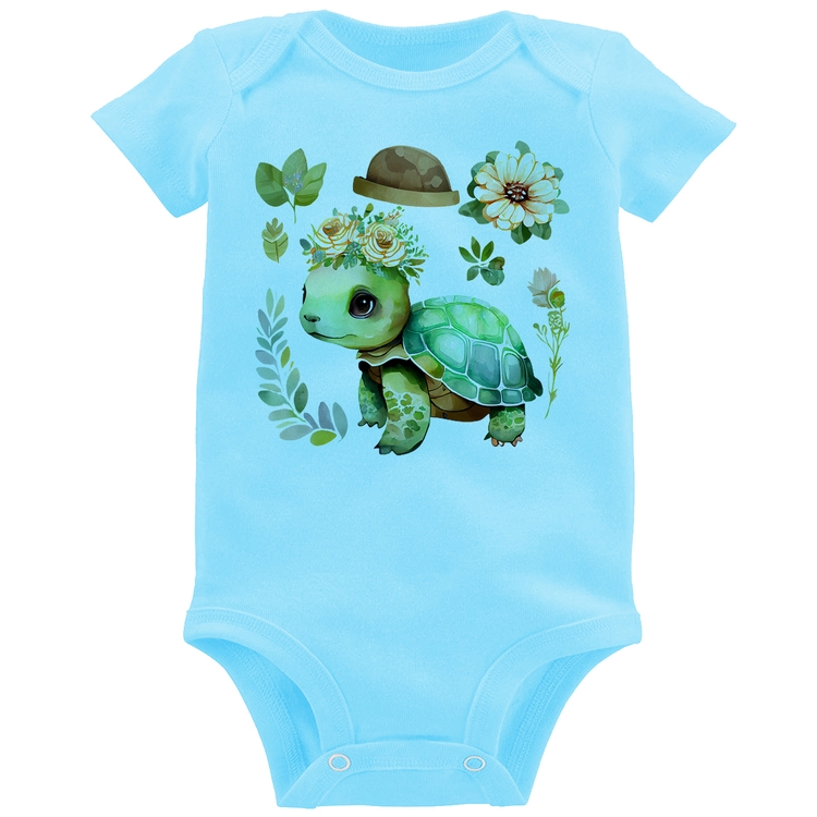 Body Bebê Tartaruga, flores e chapéu - Azul Bebê