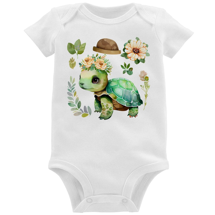 Body Bebê Tartaruga, flores e chapéu
