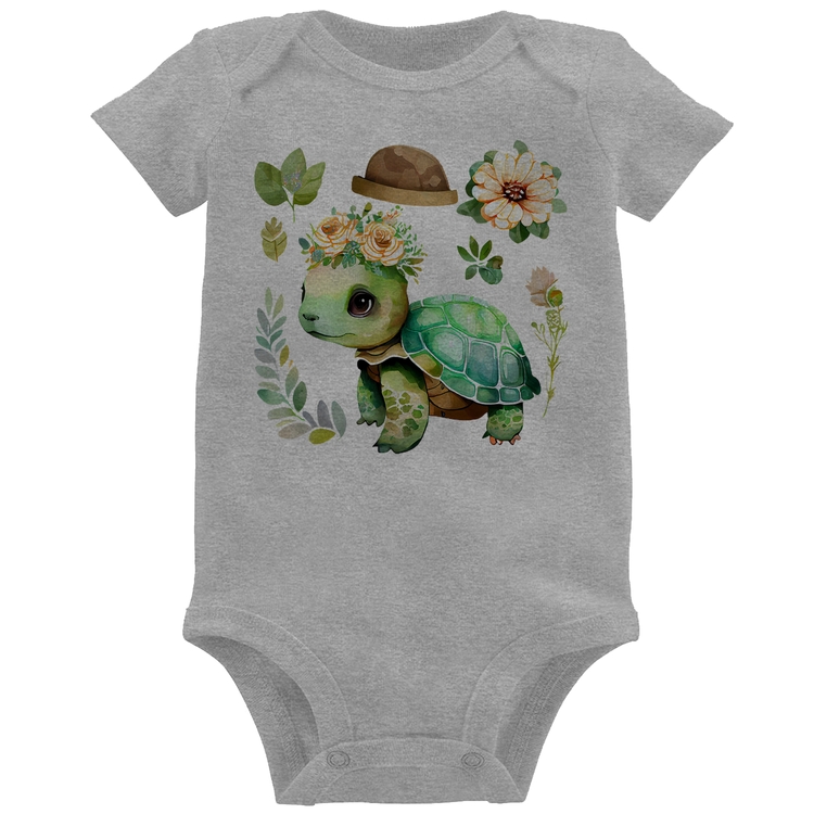 Body Bebê Tartaruga, flores e chapéu - Cinza