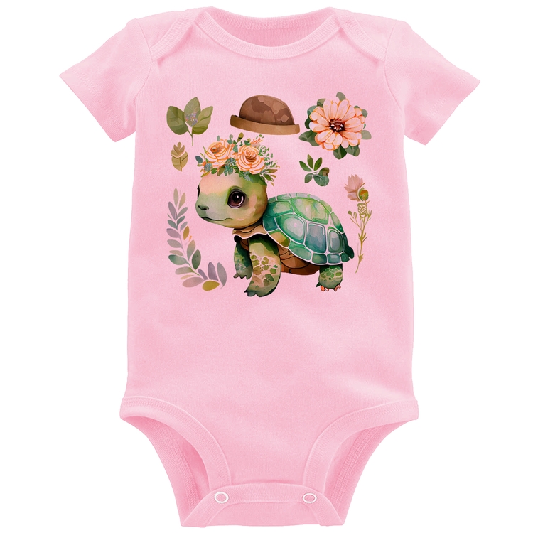 Body Bebê Tartaruga, flores e chapéu - Rosa Bebê