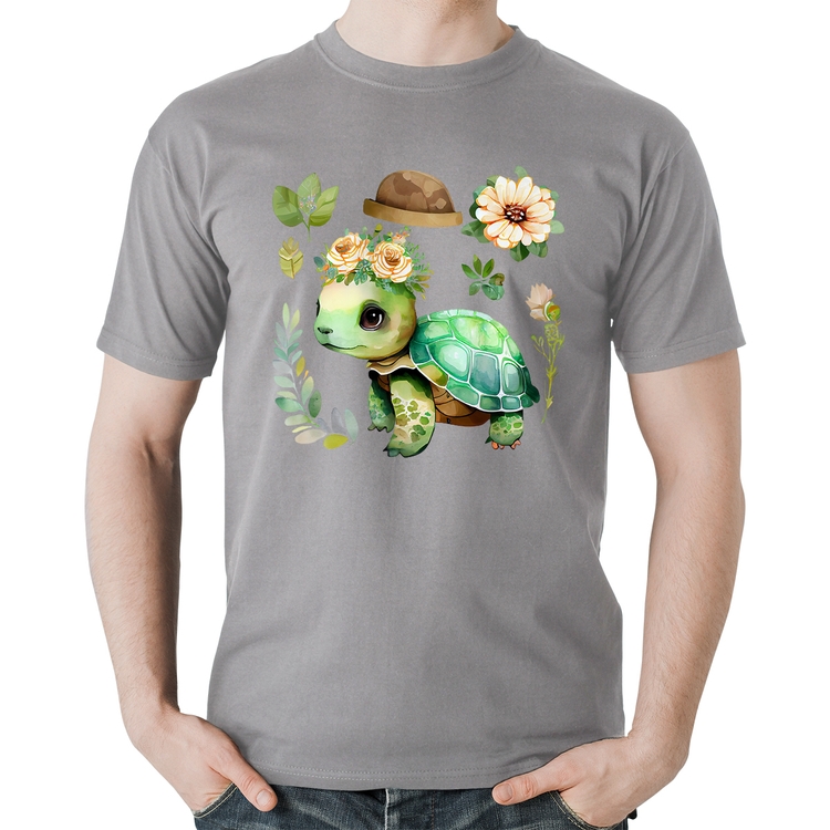 Camiseta Algodão Tartaruga, flores e chapéu - Cinza