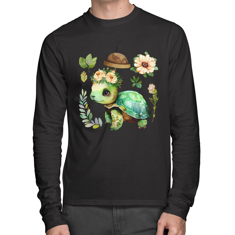 Camiseta Algodão Tartaruga, flores e chapéu Manga Longa