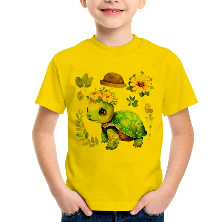 Camiseta Infantil Tartaruga, flores e chapéu - Amarela