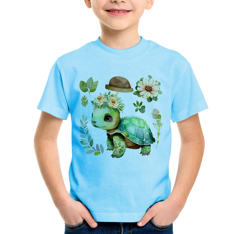 Camiseta Infantil Tartaruga, flores e chapéu - Azul Bebê