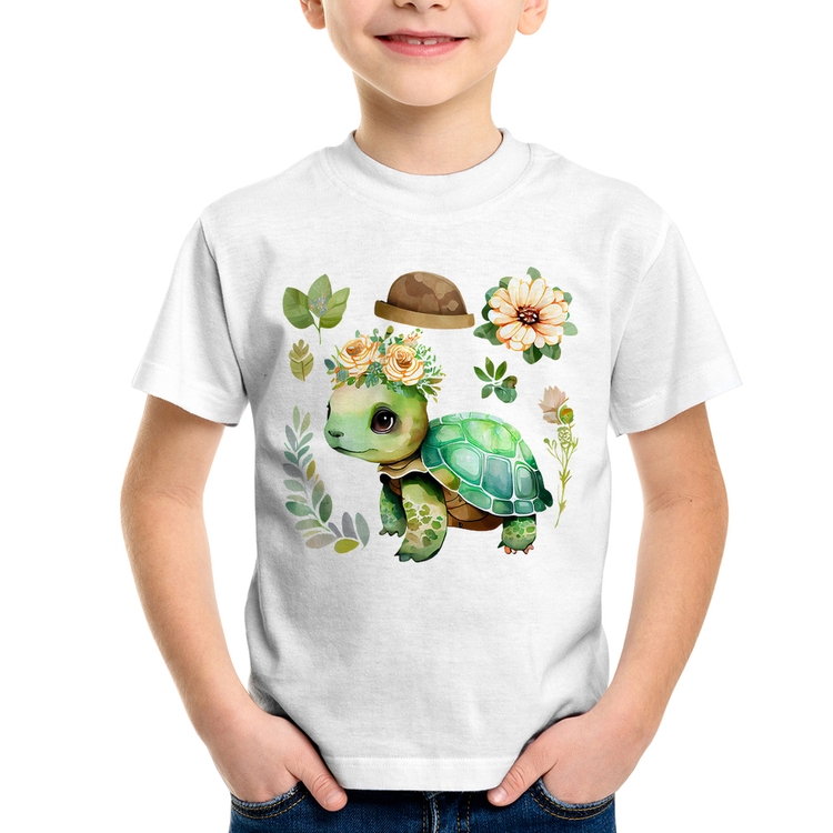 Camiseta Infantil Tartaruga, flores e chapéu