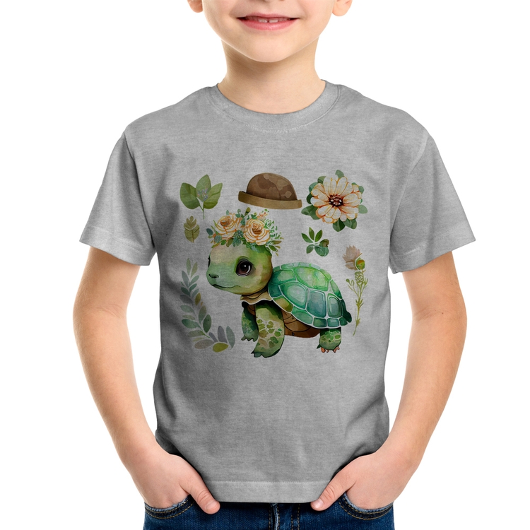 Camiseta Infantil Tartaruga, flores e chapéu - Cinza