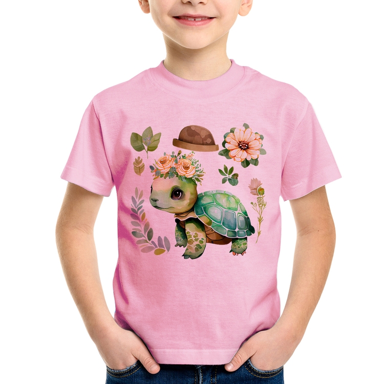 Camiseta Infantil Tartaruga, flores e chapéu - Rosa Bebê