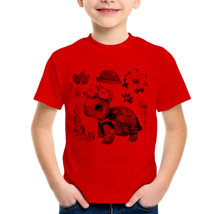Camiseta Infantil Tartaruga, flores e chapéu - Vermelha