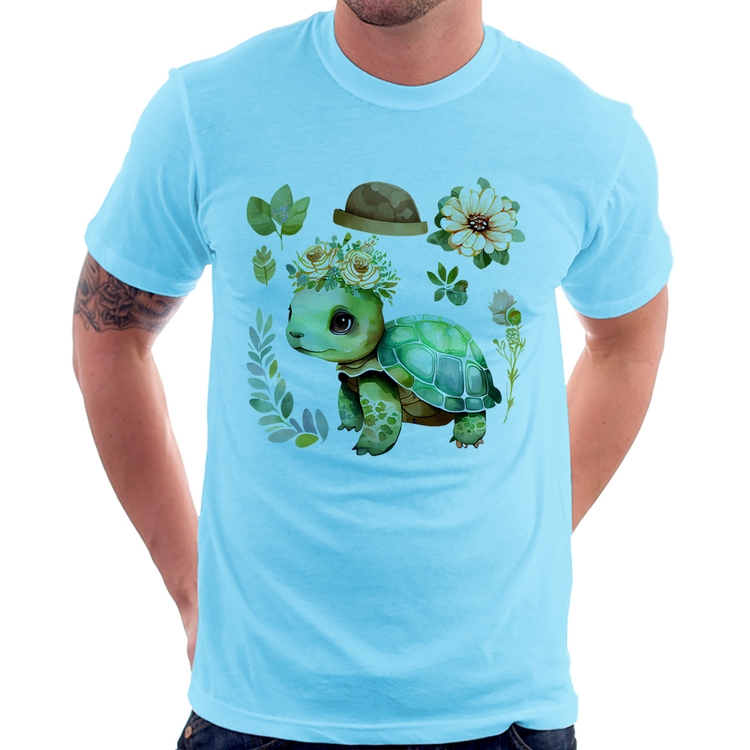 Camiseta Tartaruga, flores e chapéu - Azul Bebê