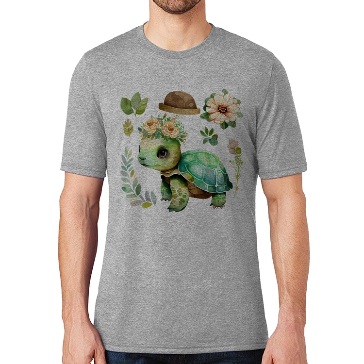 Camiseta Tartaruga, flores e chapéu - Cinza