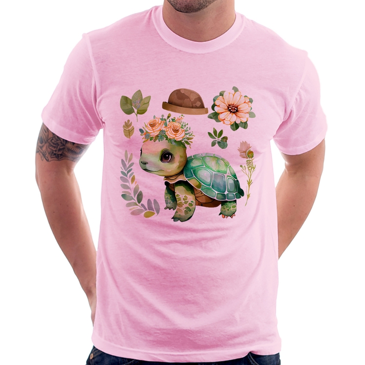 Camiseta Tartaruga, flores e chapéu - Rosa Bebê