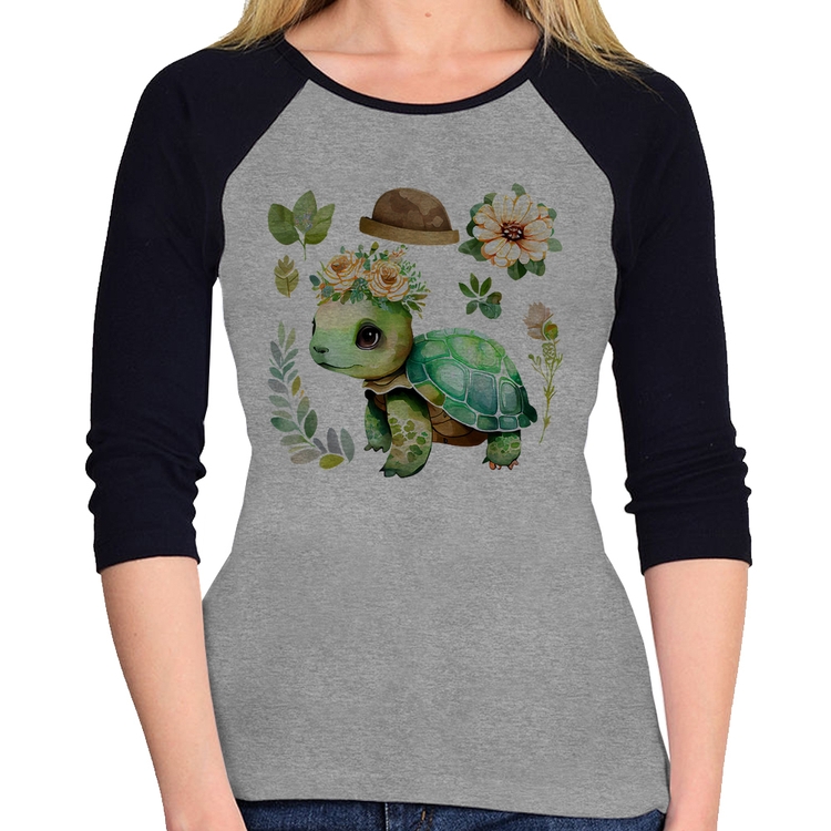 Baby Look Raglan Tartaruga, flores e chapéu Manga 3/4 - Cinza/Preto