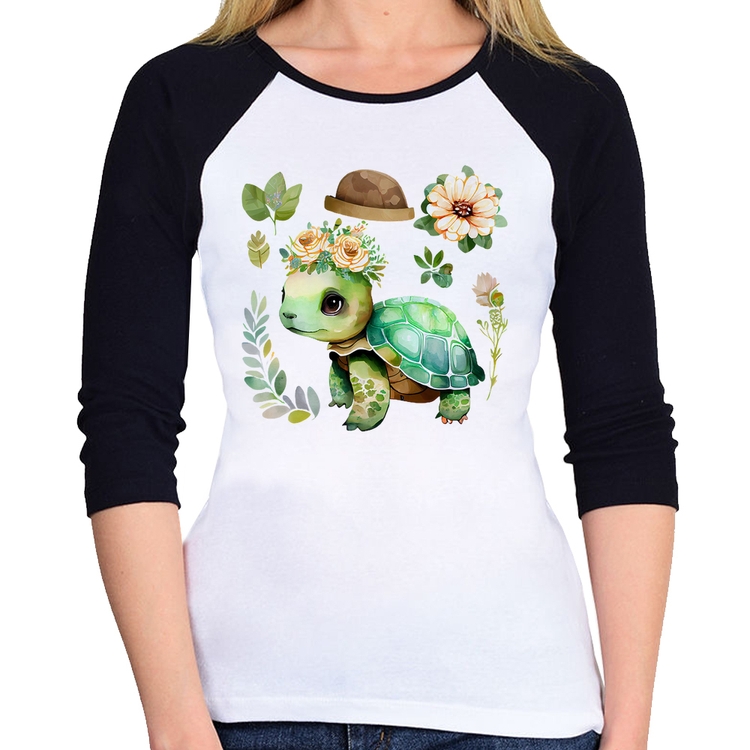 Baby Look Raglan Tartaruga, flores e chapéu Manga 3/4