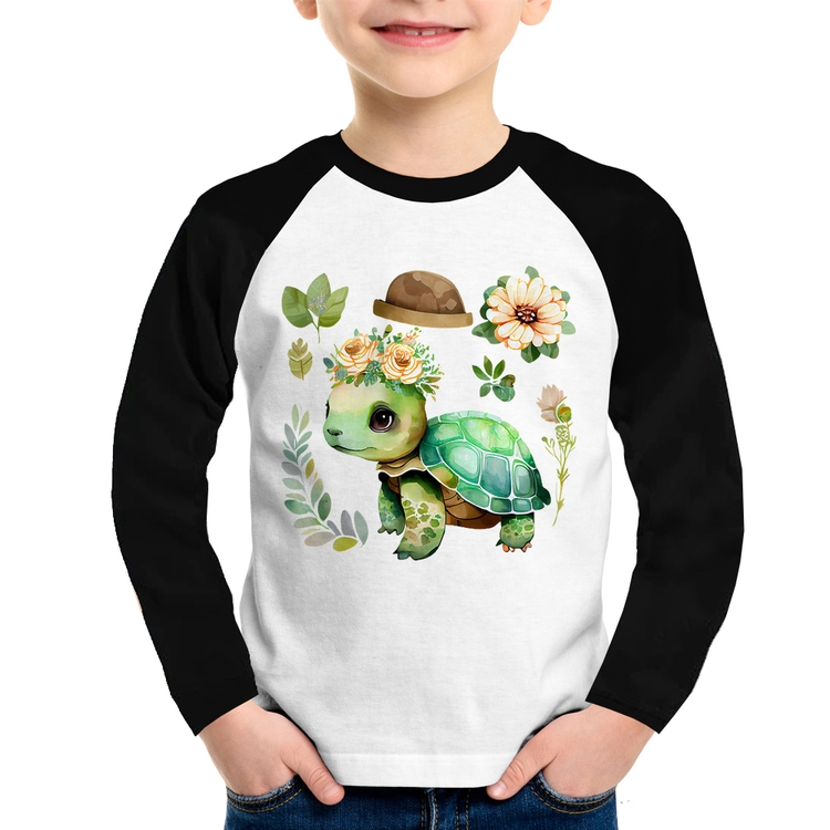 Camiseta Raglan Infantil Tartaruga, flores e chapéu Manga Longa