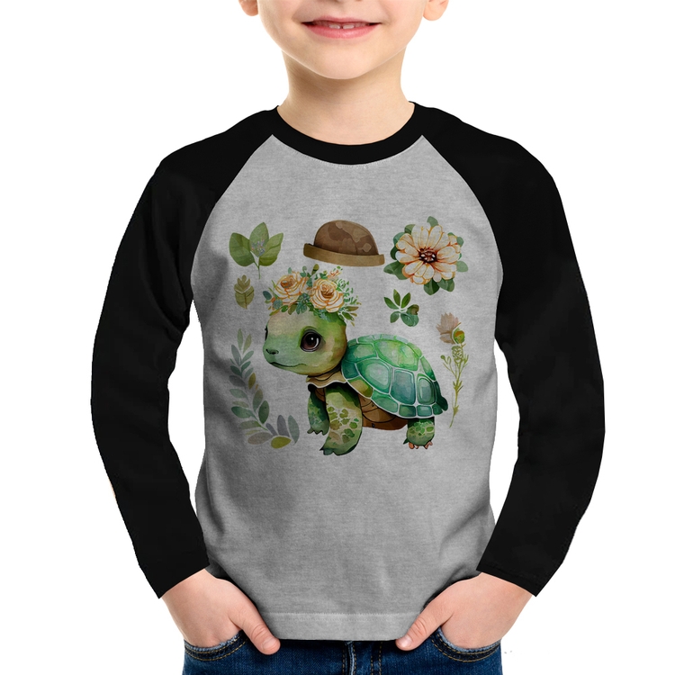 Camiseta Raglan Infantil Tartaruga, flores e chapéu Manga Longa - Cinza/Preto