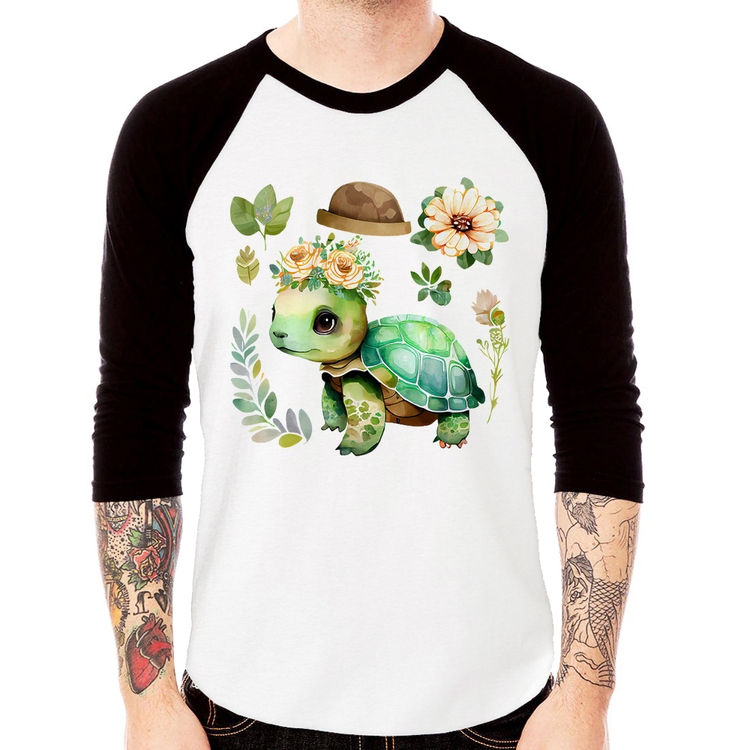 Camiseta Raglan Tartaruga, flores e chapéu Manga 3/4