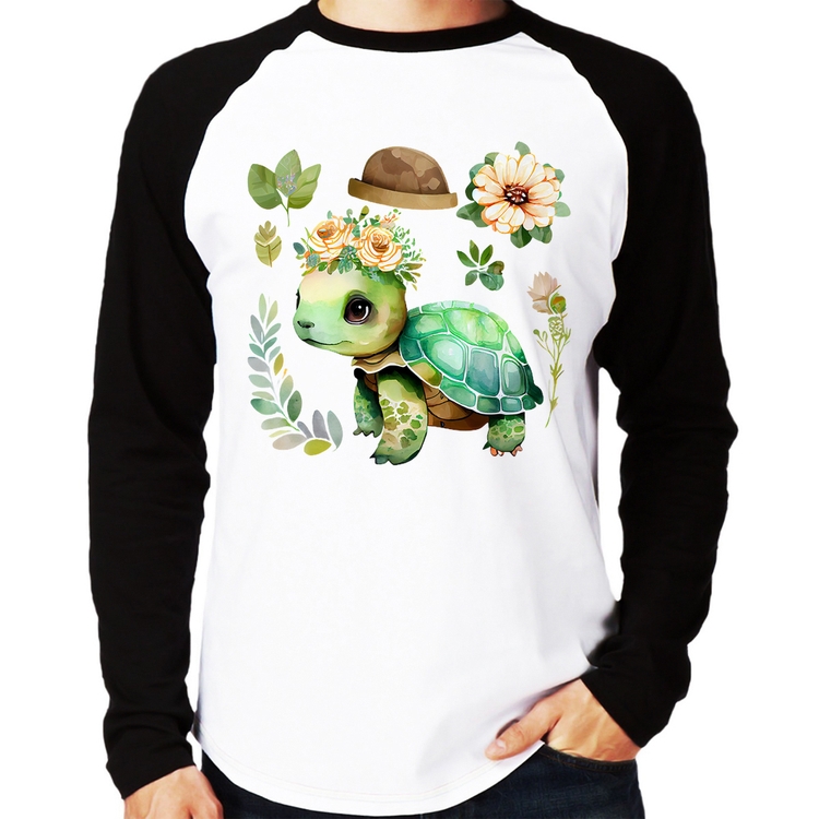 Camiseta Raglan Tartaruga, flores e chapéu Manga Longa