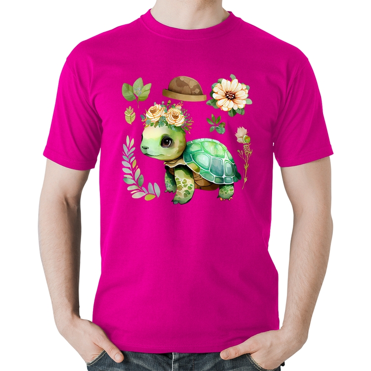 Camiseta Algodão Tartaruga, flores e chapéu - Rosa