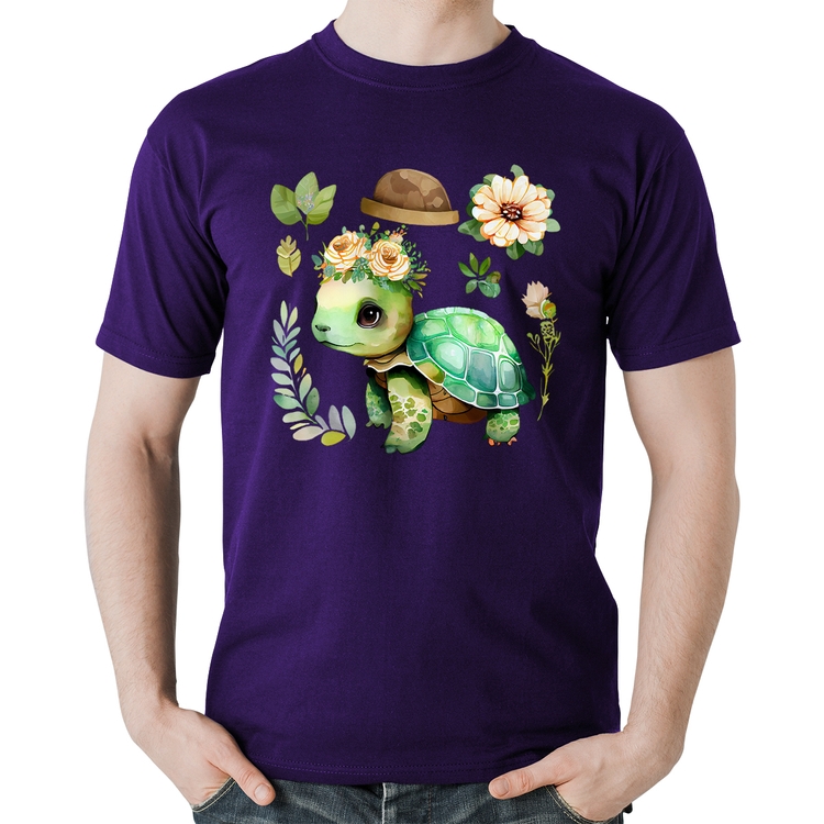 Camiseta Algodão Tartaruga, flores e chapéu - Roxa