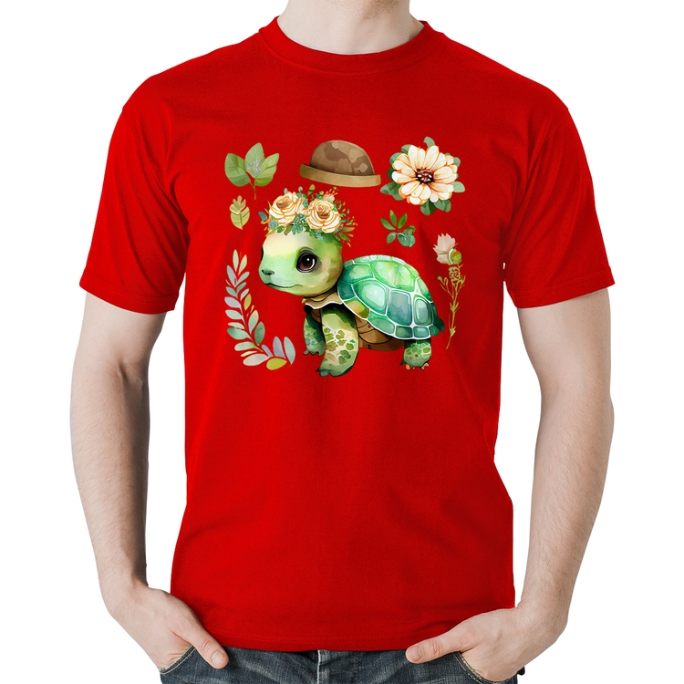 Camiseta Algodão Tartaruga, flores e chapéu - Vermelha