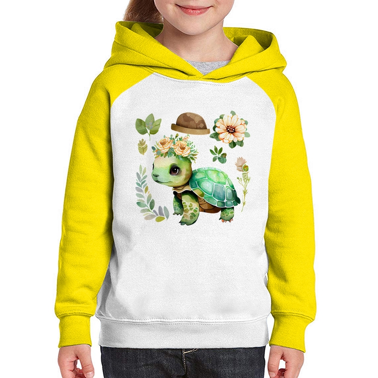 Moletom Infantil Tartaruga, flores e chapéu - Branco/Amarelo