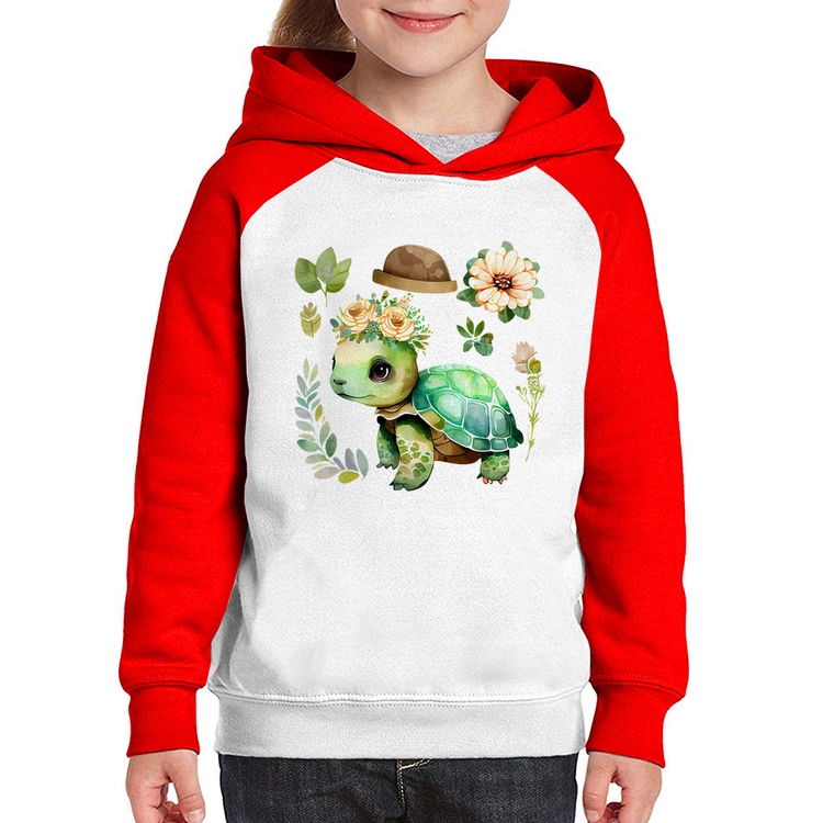 Moletom Infantil Tartaruga, flores e chapéu - Branco/Vermelho