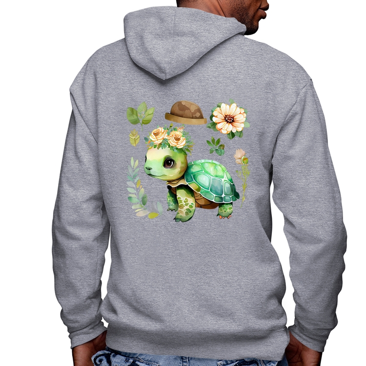 Blusa Moletom Tartaruga, flores e chapéu Masculina com Capuz e Zíper - Mescla