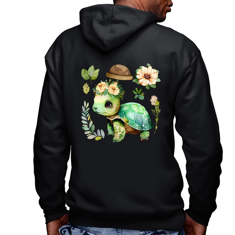 Blusa Moletom Tartaruga, flores e chapéu Masculina com Capuz e Zíper