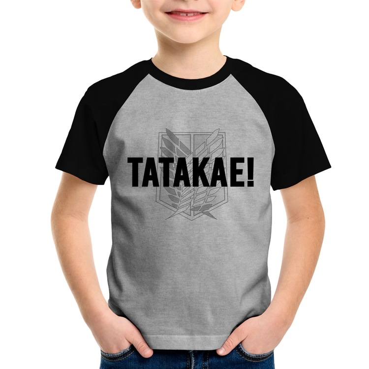 Camiseta Raglan Infantil Tatakae! - Cinza/Preto