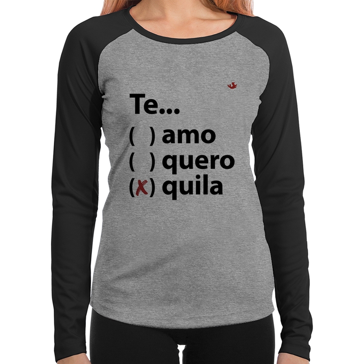 Baby Look Raglan Te... quila Manga Longa - Cinza/Preto