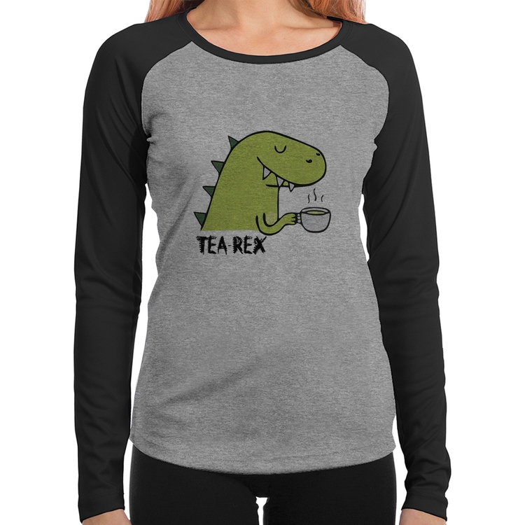 Baby Look Raglan Tea-Rex Manga Longa - Cinza/Preto