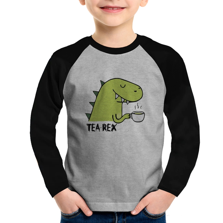 Camiseta Raglan Infantil Tea-Rex Manga Longa - Cinza/Preto