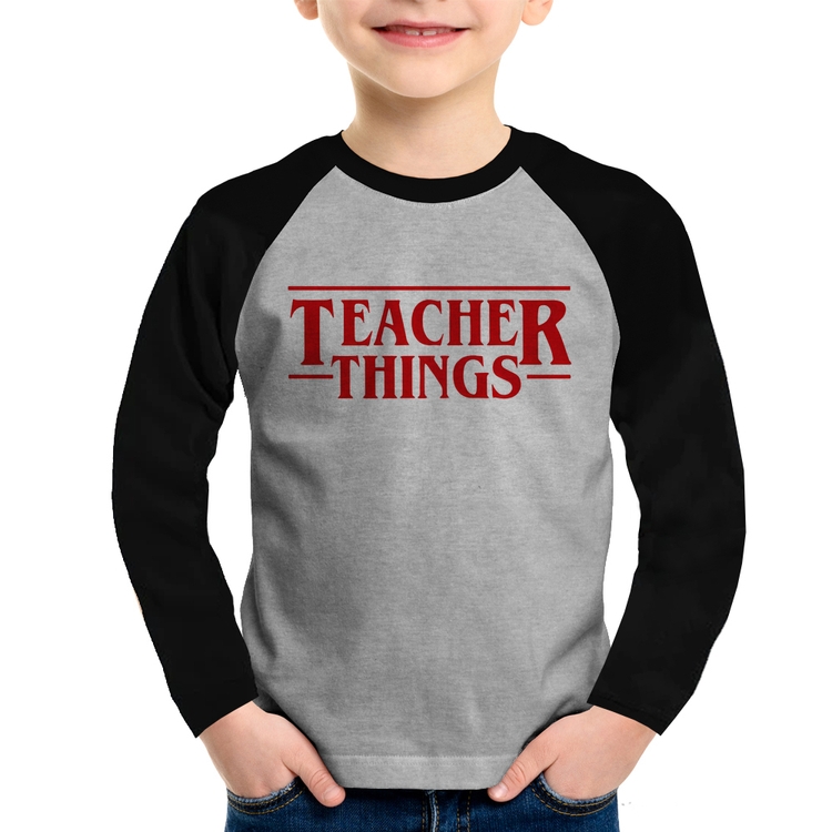 Camiseta Raglan Infantil Teacher Things Manga Longa - Cinza/Preto