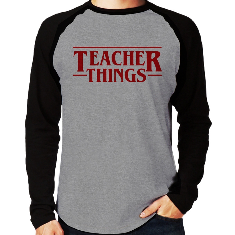 Camiseta Raglan Teacher Things Manga Longa - Cinza/Preto