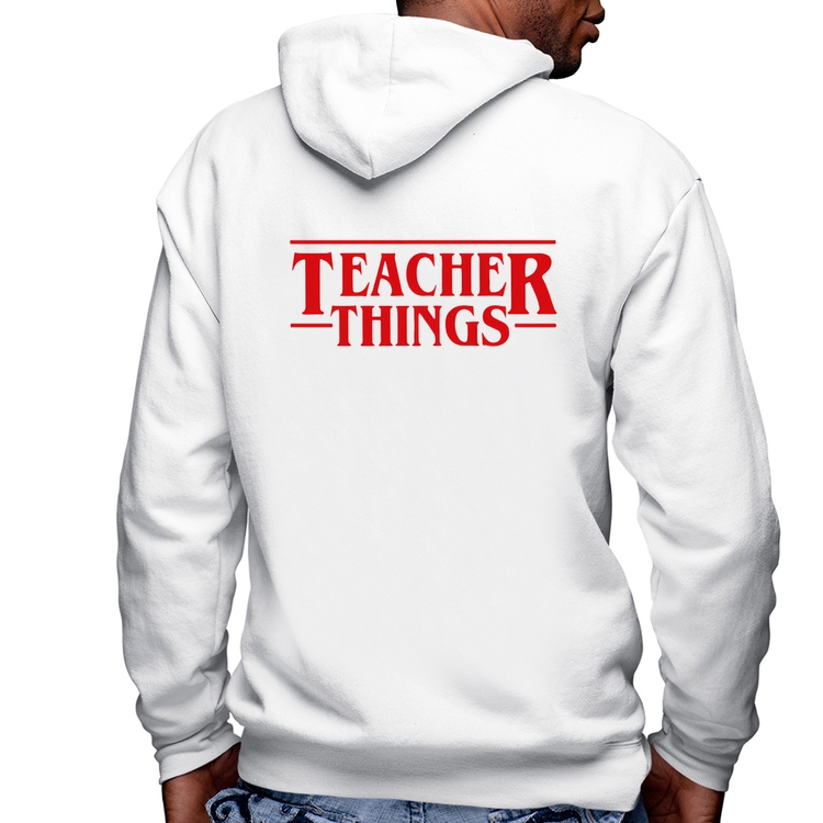 Blusa Moletom Teacher Things Masculina com Capuz e Zíper - Branca