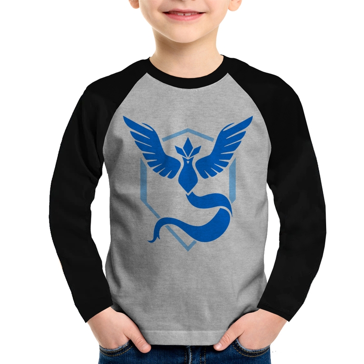 Camiseta Raglan Infantil Team Mystic Manga Longa - Cinza/Preto