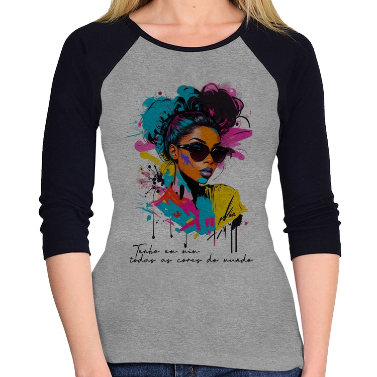 Baby Look Raglan Tenho em mim todas as cores do mundo Manga 3/4 - Cinza/Preto