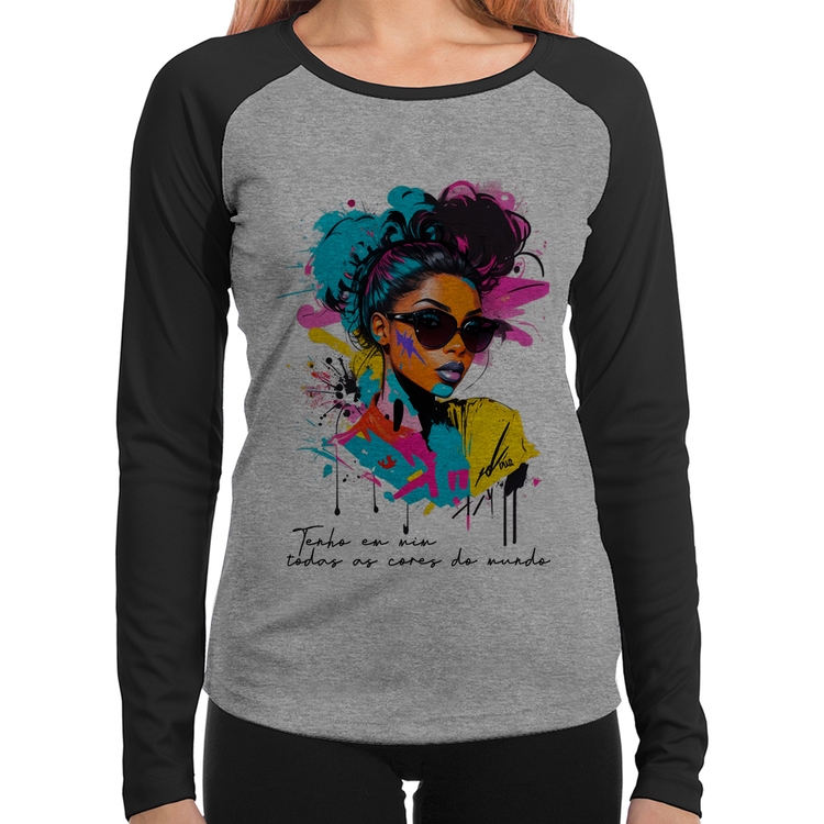 Baby Look Raglan Tenho em mim todas as cores do mundo Manga Longa - Cinza/Preto