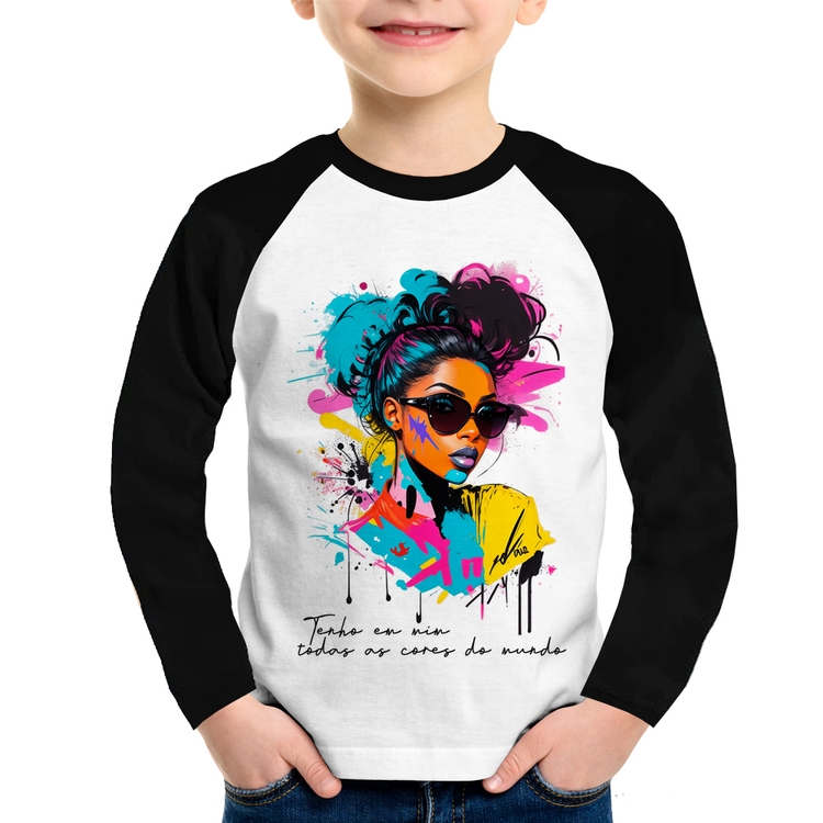 Camiseta Raglan Infantil Tenho em mim todas as cores do mundo Manga Longa