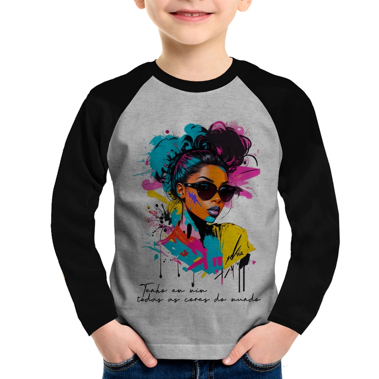 Camiseta Raglan Infantil Tenho em mim todas as cores do mundo Manga Longa - Cinza/Preto