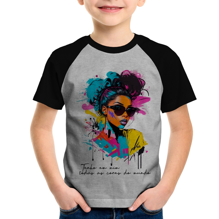 Camiseta Raglan Infantil Tenho em mim todas as cores do mundo - Cinza/Preto