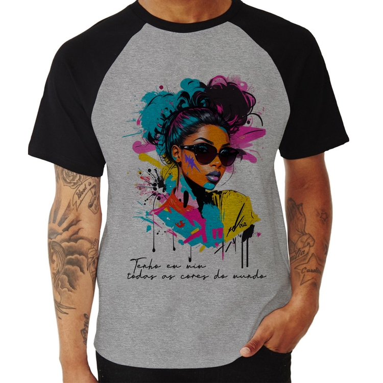 Camiseta Raglan Tenho em mim todas as cores do mundo - Cinza/Preto
