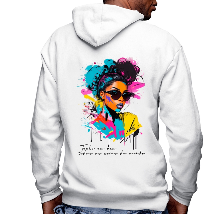 Blusa Moletom Tenho em mim todas as cores do mundo Masculina com Capuz e Zíper - Branca