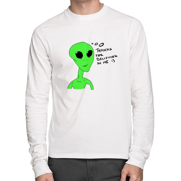 Camiseta Algodão Thank's For Believing In Me Alien Manga Longa - Branca