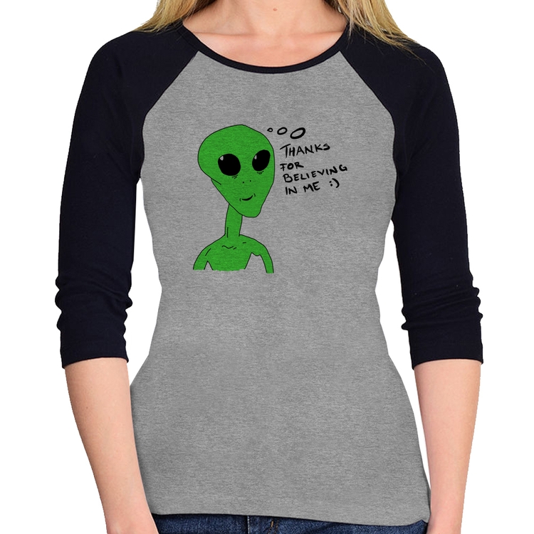 Baby Look Raglan Thank's For Believing In Me Alien Manga 3/4 - Cinza/Preto