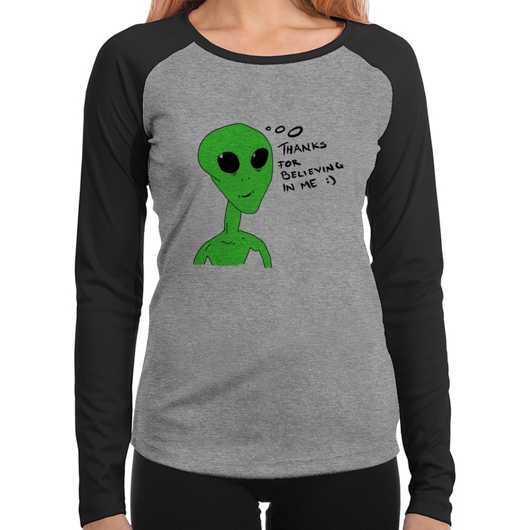 Baby Look Raglan Thank's For Believing In Me Alien Manga Longa - Cinza/Preto