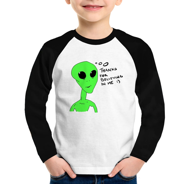 Camiseta Raglan Infantil Thank's For Believing In Me Alien Manga Longa