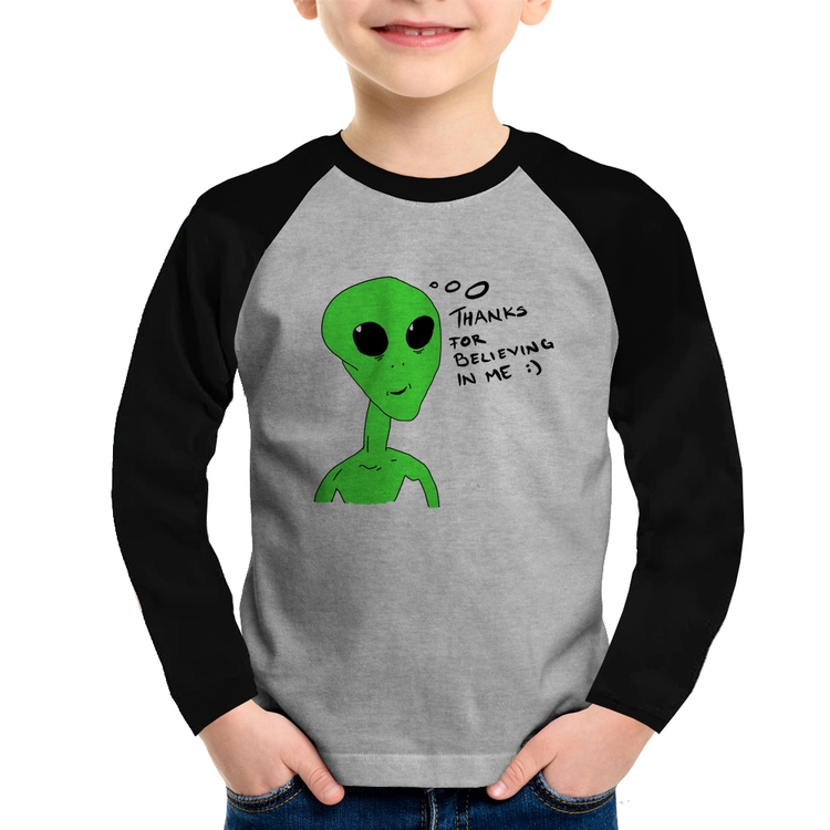 Camiseta Raglan Infantil Thank's For Believing In Me Alien Manga Longa - Cinza/Preto